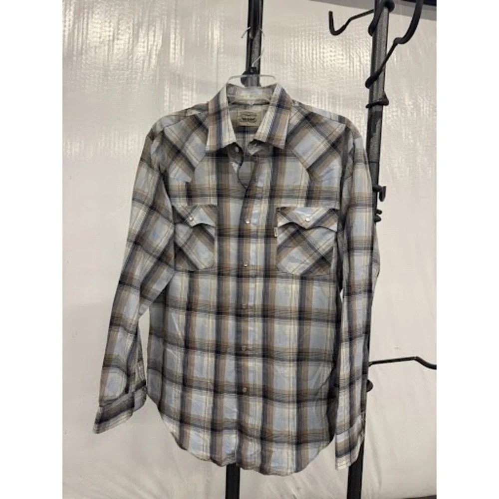 Vintage Levi Strauss Mens Western Pearl Snap Shirt Plaid Blue Tan Large Korea